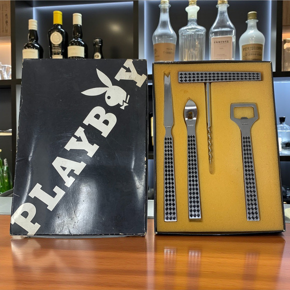 Vintage MCM Playboy 4 Pc Bar Set Checkered Stainless Steel & Teak Japan Boxed - Picture 1 of 12